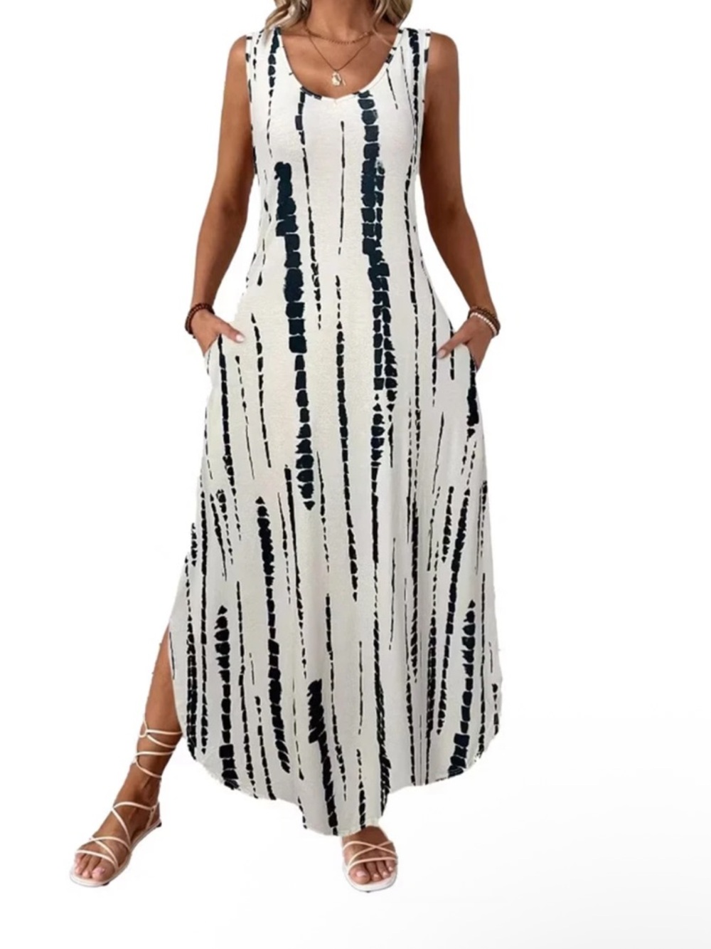 Garvee Women's Sleeveless V-Neck Maxi Sundress Striped Print Loose Fit